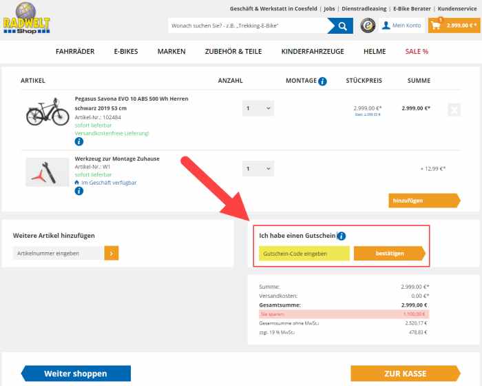 Radwelt-Shop Gutschein einlösen
